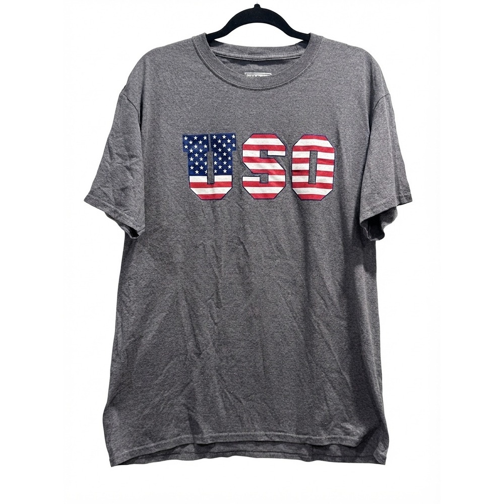 USO Graphic T-Shirt Mens Large Gray American Flag For The People Who Serve‎ Tee